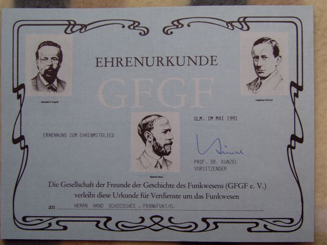 Historische Ehrenurkunde aus dem GFGF-Vereinsarchiv